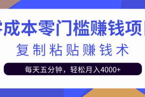 零成本零门槛赚钱项目之复制粘贴赚钱术，每天五分钟轻松月入4000+【视频教程】